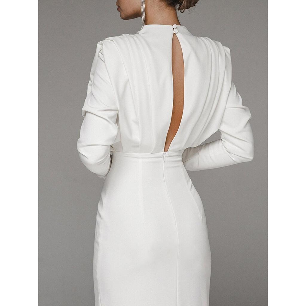 Frühling Sommer Damen Modekleid, Europäischer Amerikanischer Stil Hoher Kragen Schlitz Langes Maxikleid, Freizeitkleidung