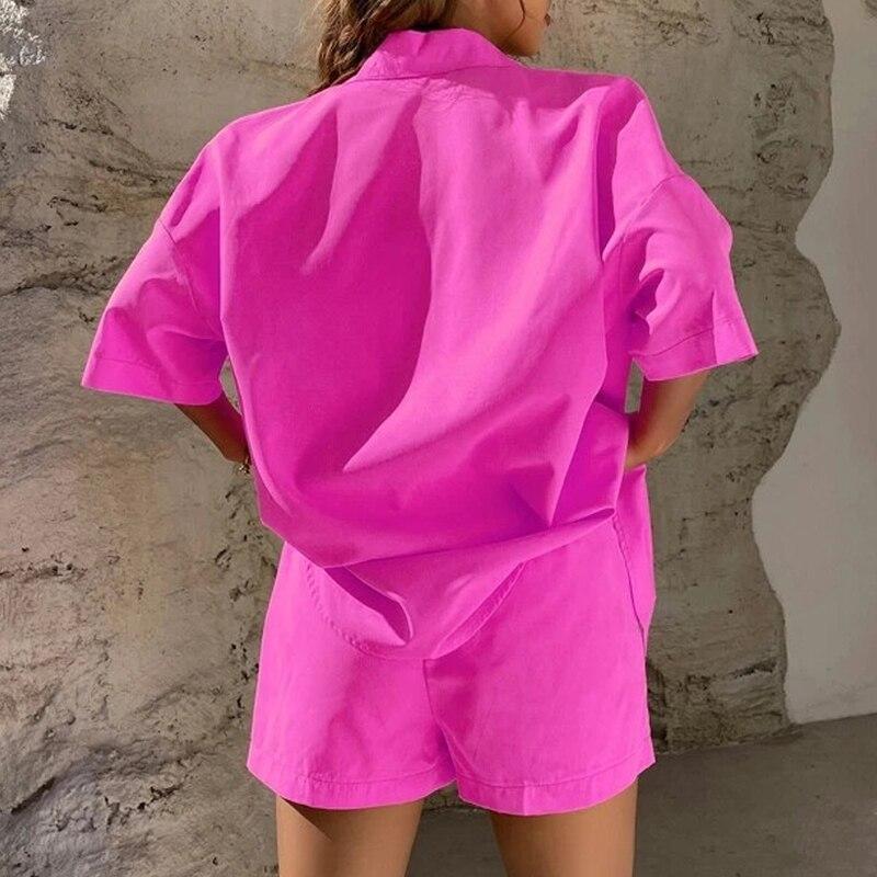 Fashion Casual 2 Piece Sets Women Summer Cotton Shirt And Shorts Suit Short Sleeve Solid Color Long Blouse Elegant Outfits