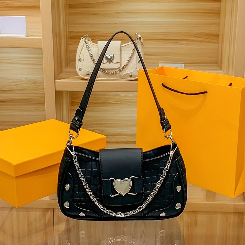 Y2K Style Sweet & Edgy Heart Decor Shoulder Bag for Women - Detachable Chain Strap, Zipper Closure, , Polyester Lining, Oil-Edged Finish