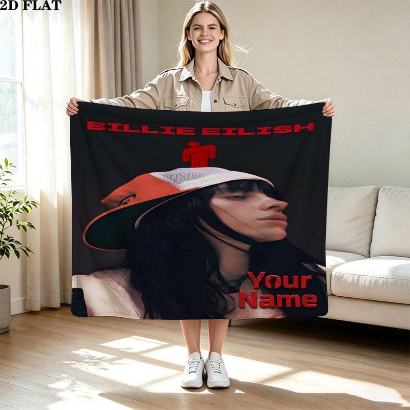 1PC Billie Eilish Custom Name Patterned Flannel Blanket Suitable For All Seasons for Home Decor Warmth and Comfort Gifts Holiday Present