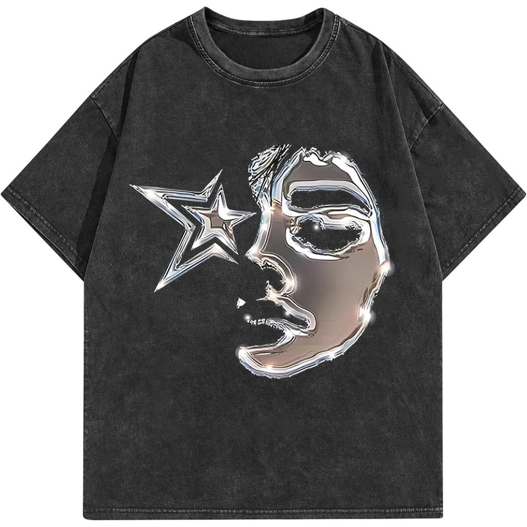 Camiseta Manga Curta Oversized 100% Algodão Estampa Facial Máscara de Estrela Lavada