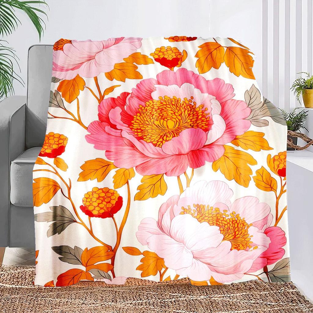 1pc Floral Print Flannel Throw Blanket - Vibrant Pink & Orange Design, Soft & Cozy for Home, Sofa, Beach, Camping, Office Decor