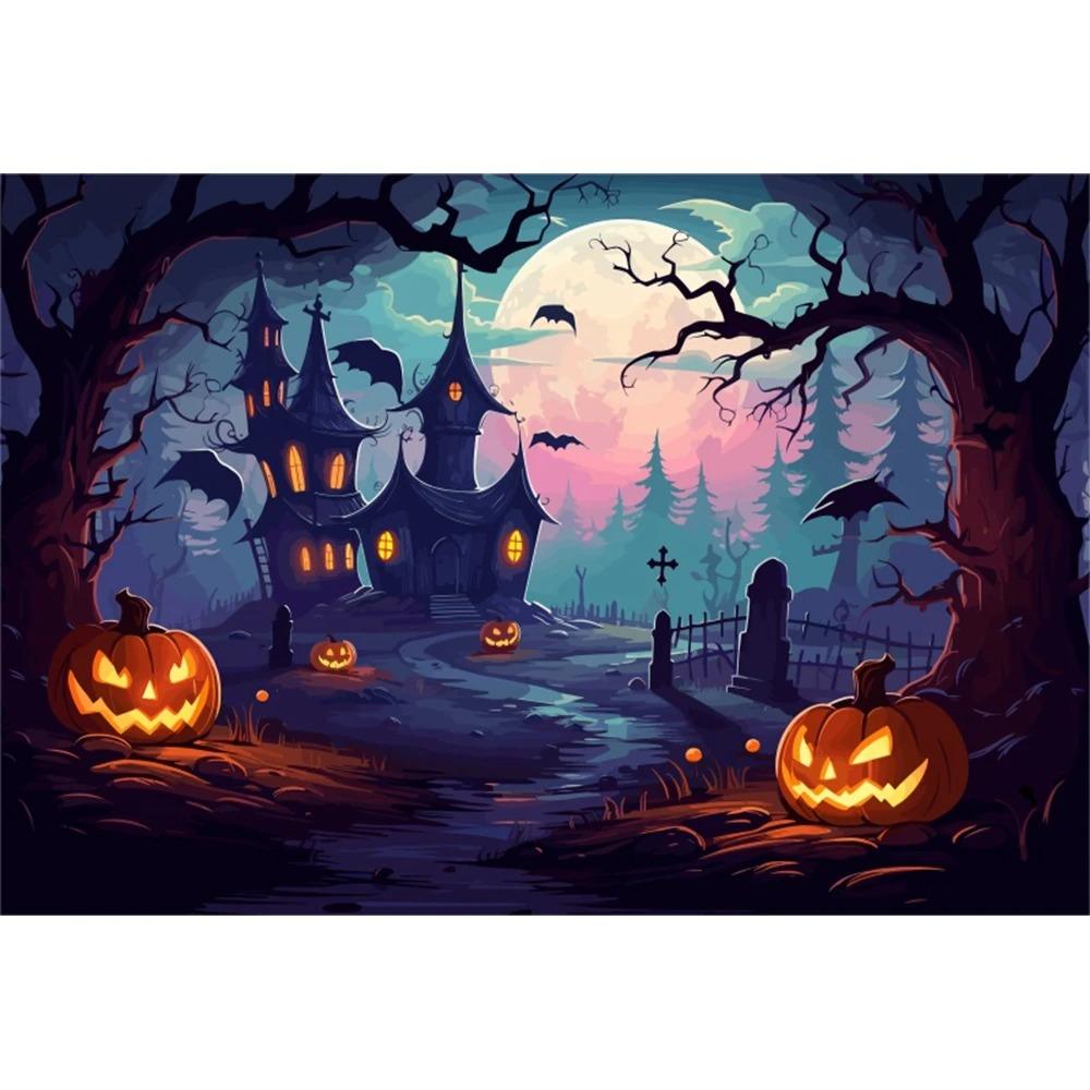 Halloween Photography Background Cloth Ghost Moon Pumpkin Lantern Horror Party Children's Birthday Decoration Hanging Cloth