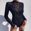 Women's Autumn Fashion Striped See-Through Bodysuit - Slim Fit, Long Sleeve, Casual Base Layer