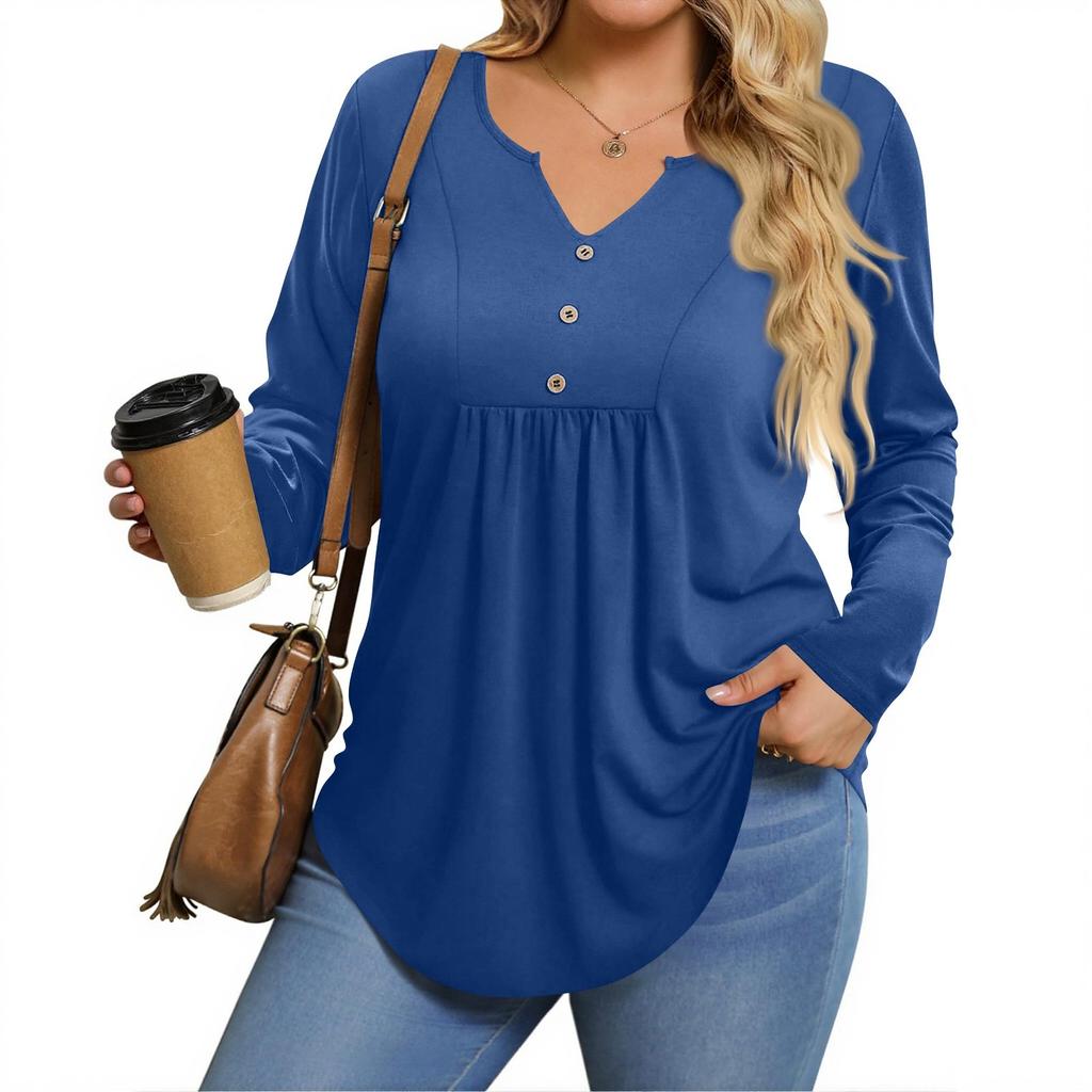 Womens Plus Size Long Sleeve Shirts  V Neck Tunic Tops Basic Loose Fit Tee Tops
