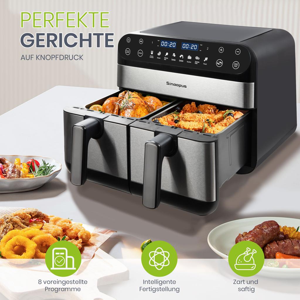 Air Fryer 10L XXL with Dual Chamber Dual Zone for Families, Fryer with LED Touchscreen, Adjustable Time and Temperature, 8 Cooking Functions