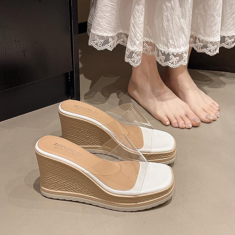 One Word with Transparent Outer High Heel Waterproof Table Thick Heel Cool Slippers 2025 New Women's Summer Outer Wear