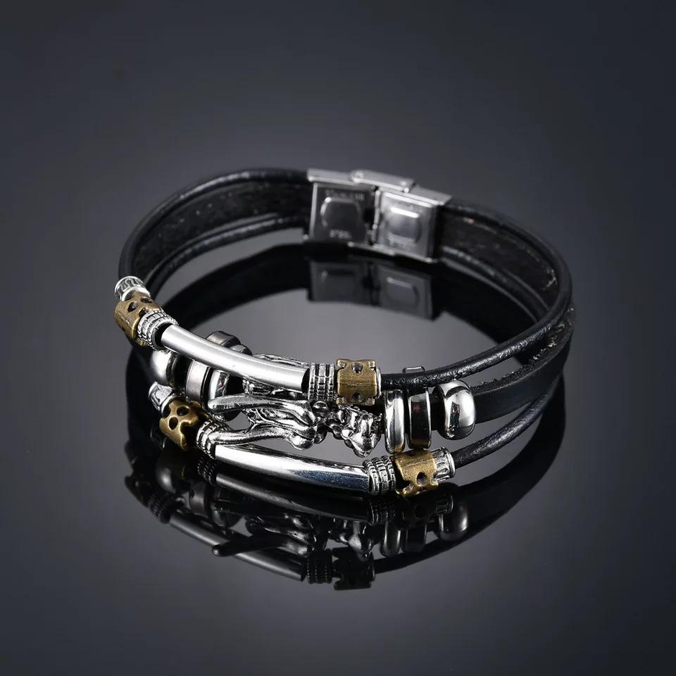 

Персонализированный многослойный браслет из нержавеющей стали с кожаным шнурком и бусинами