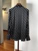 Women's Black and White Polka Dot Long Sleeve Ribbon Silk Top