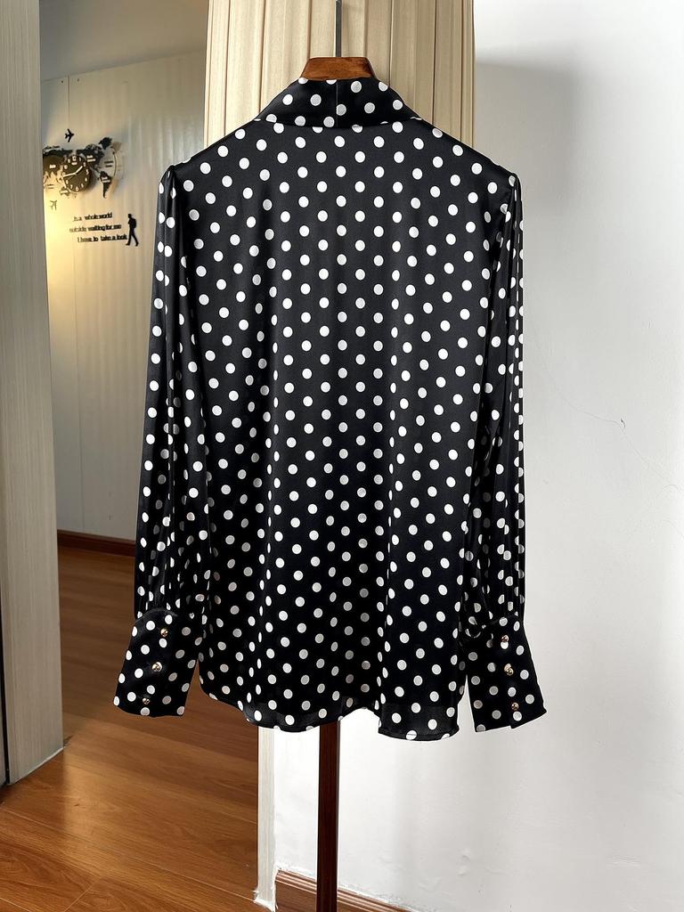 Women's Black and White Polka Dot Long Sleeve Ribbon Silk Top