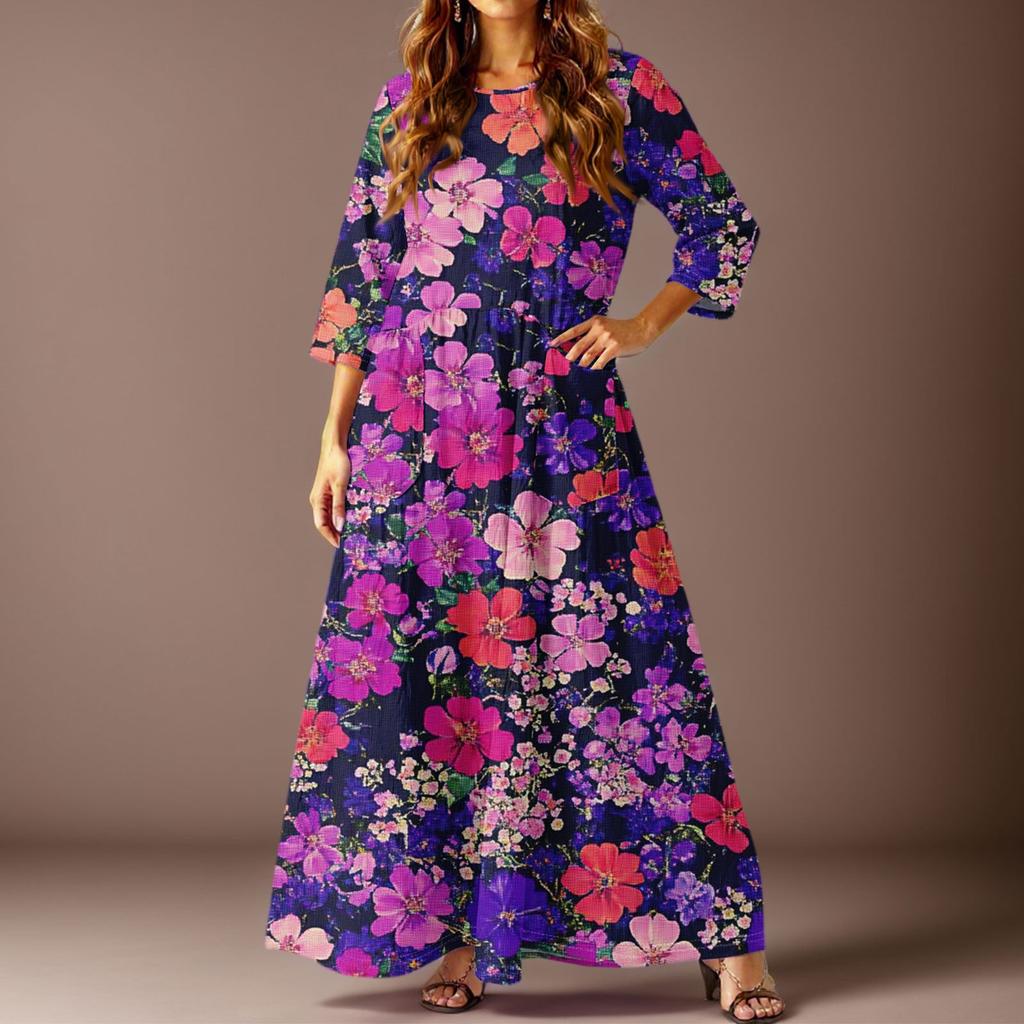 Damen Freizeitmode Blumenmuster Dreiviertelarm Langes Kleid mit Taschen