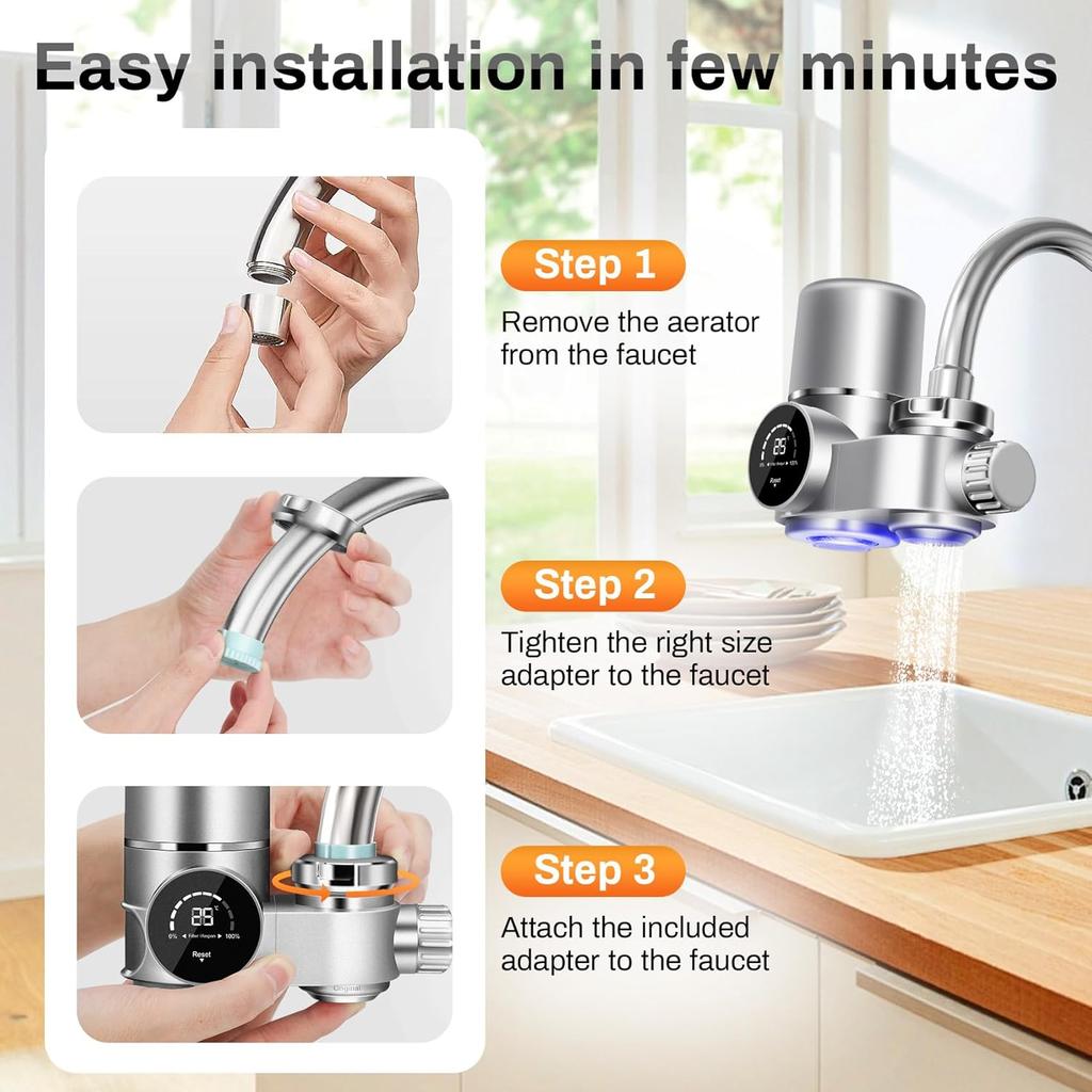 Faucet Mount Water Filtration System, LED Digital Display Faucet Tap Water Filter, NSF Certified to Reduce Chlorine Heavy Metals and Bad Taste w/13