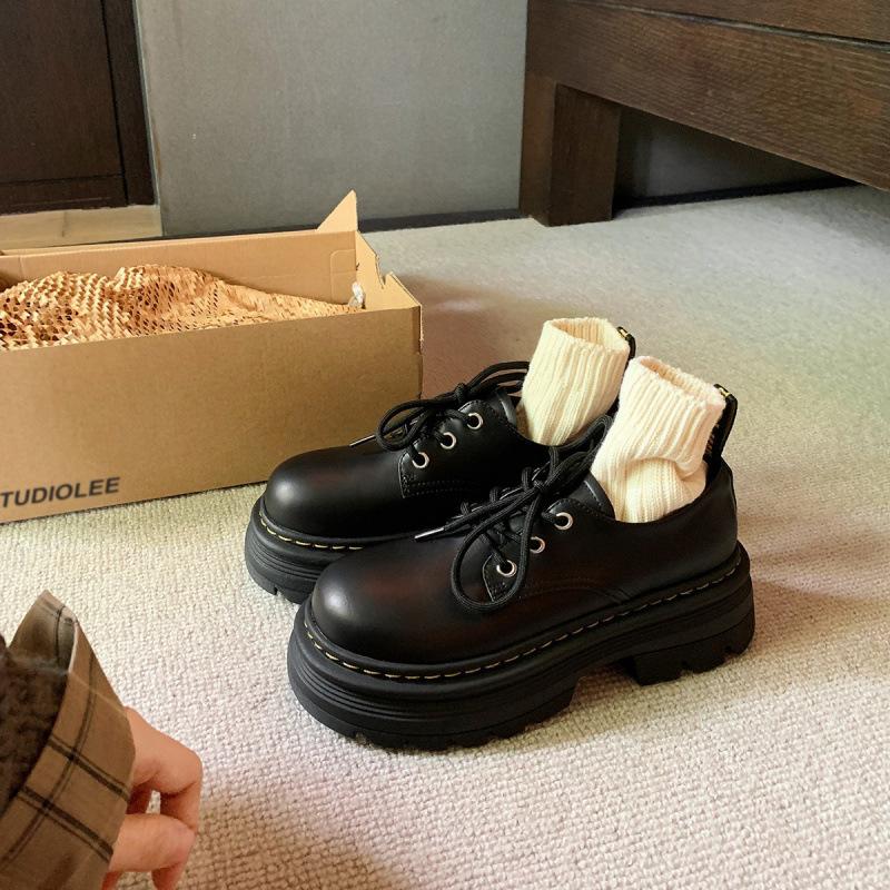 

Lace-up heightened thick heel thick sole Derby single shoes round head small leather shoes women s autumn 40