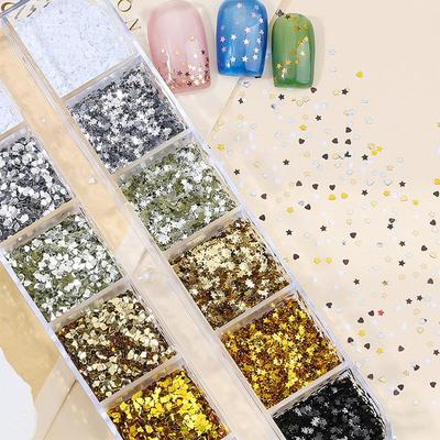 12 Fack Blandade Stjärna Hjärta Nagelglitter 1Mm Stjärnpaljetter Nagelkonst DIY Färgglada Glittrande Nagelberlocker Nageldekorationsaccessoarer