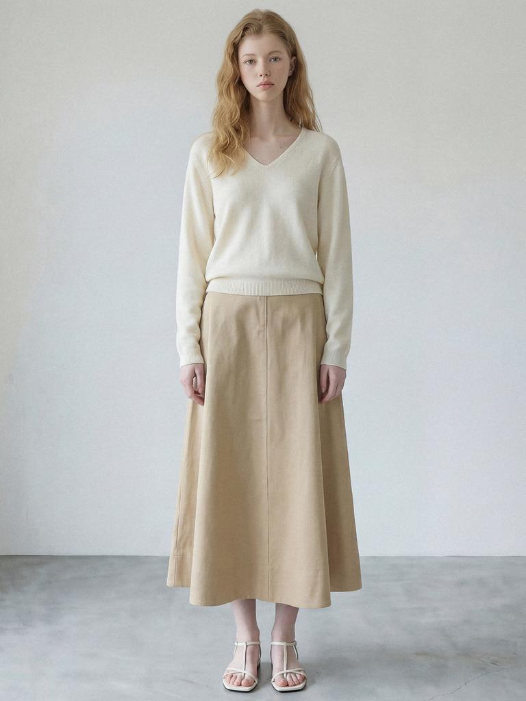 STAY WITH ME Belted Cotton Flare Skirt_Beige