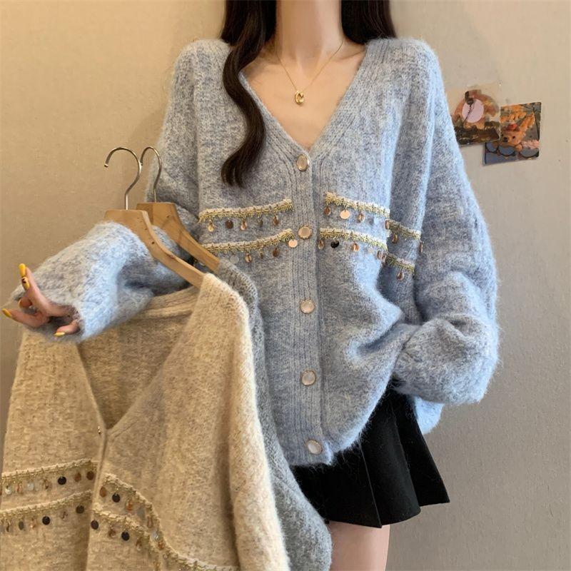 Women Sequin Decorated Solid Color Sweater Lazy Style Loose Fitting V-neck Knitted Sweaters Autumn Fashion Versatile LadySingle Breasted Top Coat