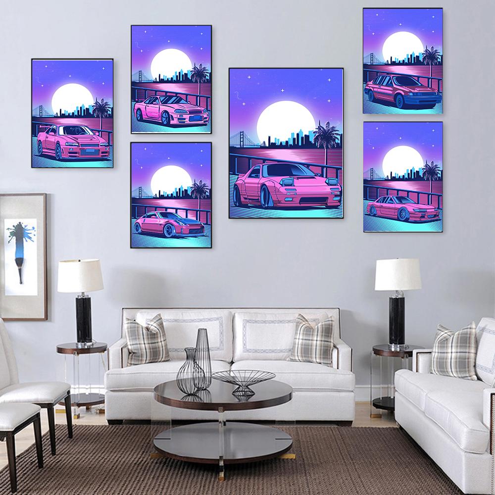 Cartoon Neon Retro Jdm Sports Racing Car Print Poster Canvas Painting Modern Wall Art Picture For Living Room Bedroom Home Decor