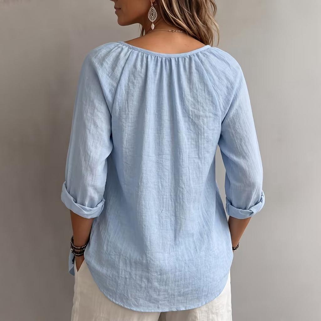 T-shirt décontracté à col en V et manches longues pour femme - Coupe ample - Pull - Haut de couleur