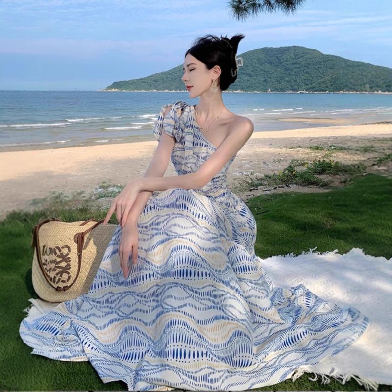 Summer One-Shoulder Ruffle Smocked Tiered Maxi Dress with Wave Print Dress