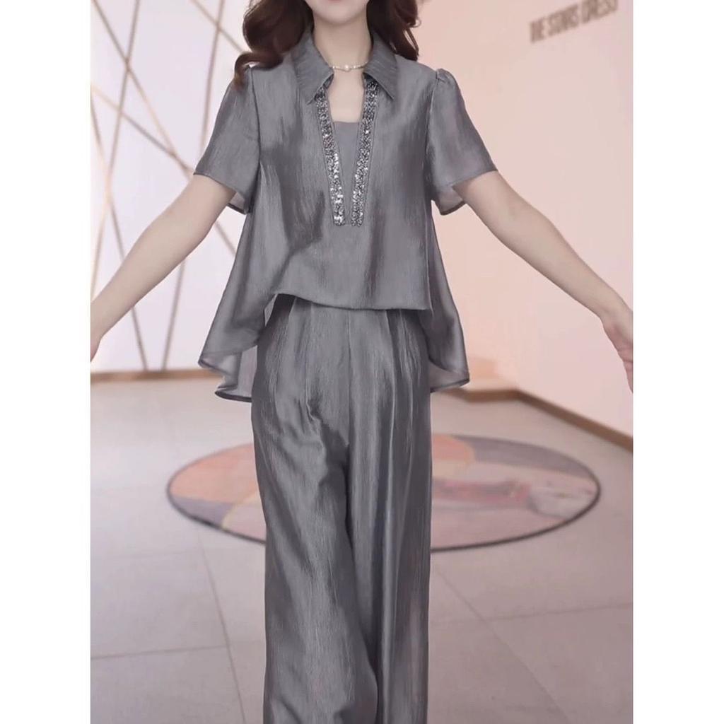 Summer Fashionable Shirt, Short-sleeved Suit, Elegant Top, Age-reducing Commuting Two-piece Set, Gray