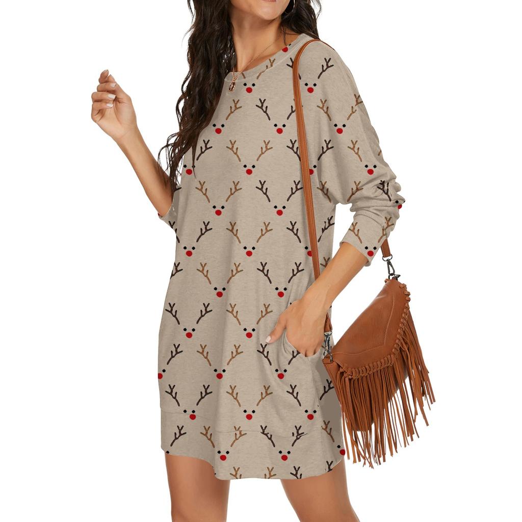 Women's Retro Printed Fashionable Long-sleeved Round-neck Pocket Dress