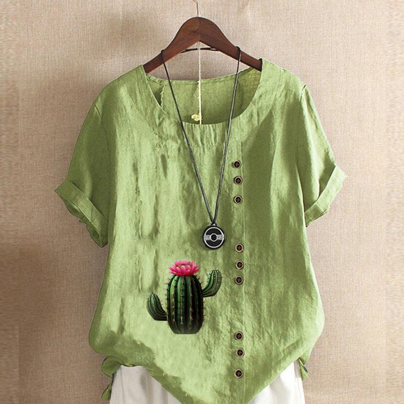 

Женская модная футболка с круглым вырезом и коротким рукавом, повседневная хлопковая льняная рубашка с графическим принтом, летняя блузка с принтом кактусов, топы 5XL зелёный