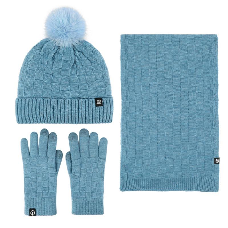 Winter warm scarf three-piece set outdoor cold-proof plush ball knitted hat scarf gloves 3-piece set