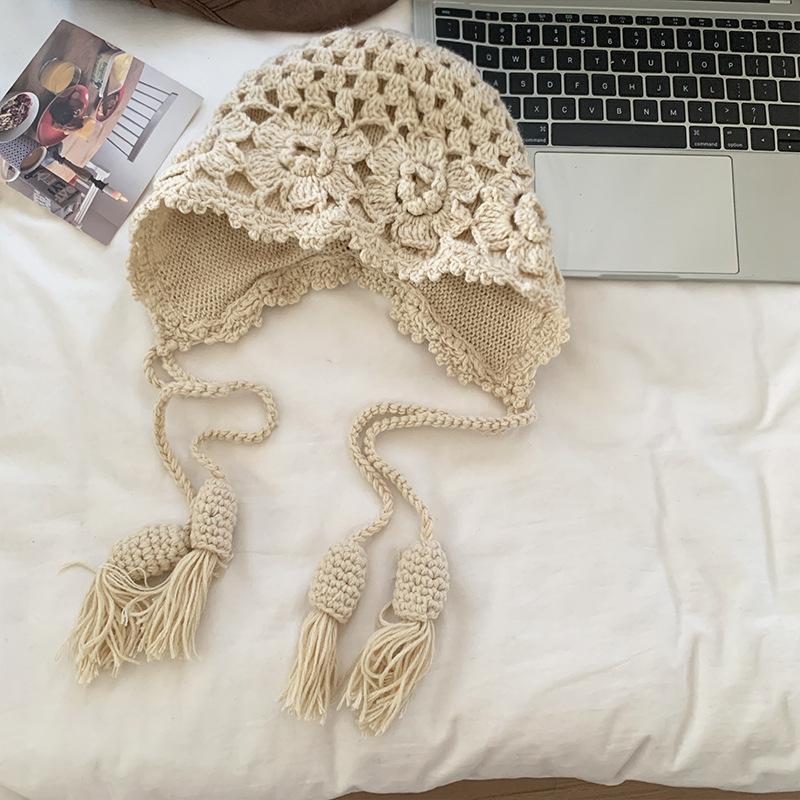 

Новая осенне-зимняя шапка-бини с крючком и цветком для женщин, вязаная шапка с кисточкой в виде пшеничных колосьев, модная литературная шапка-пуловер, трендовая шерстяная шапка 52-56cm