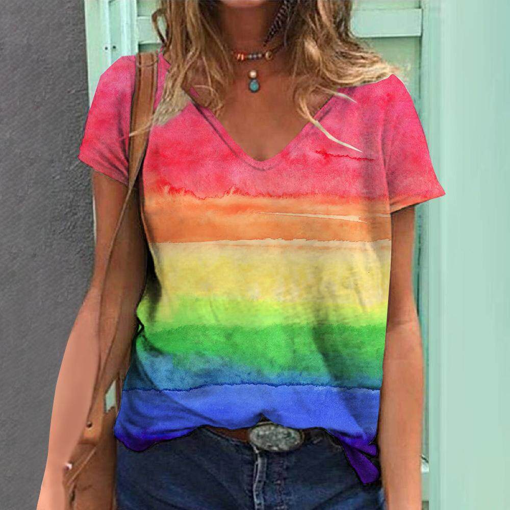 Bedrucktes Damen V-Ausschnitt Kurzarm Sommer 3D Gestreiftes Top Damen T-Shirt