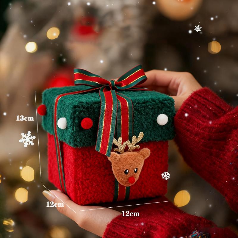 

Рождественская подарочная коробка с изображением оленя, рождественской елки, фетровая коробка с лентой, многофункциональная плюшевая коробка для сладостей, небольших подарков, закусок, рождественских подарков