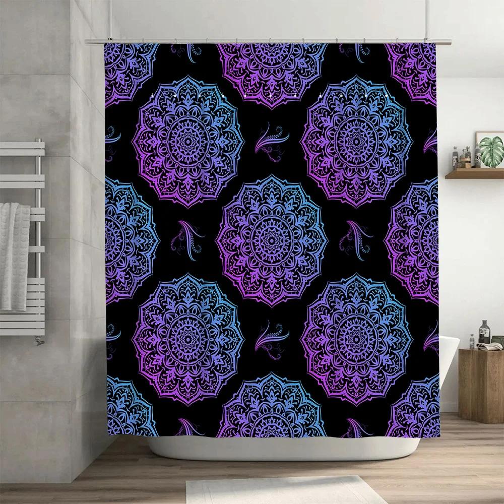 Purple Blue Mandala Shower Curtain Waterproof Bathroom Decor for Bathtub Size 69x70 inches Black Background with Flowers (Set)