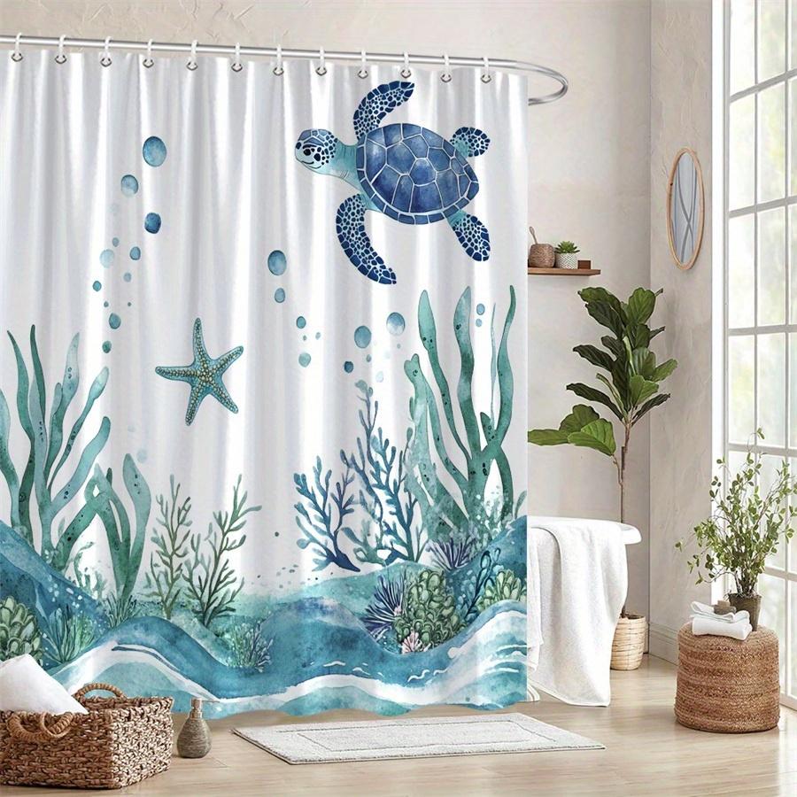 1Pc Watercolor Coral And Seaweed Turtle Pattern Shower Curtain, Machine Washable Polyester With 12 Hooks For Bathroom Decor