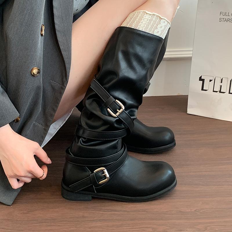 Black leather buckle stack knight boots women's new medium tube flat bottom western boots retro old design boots