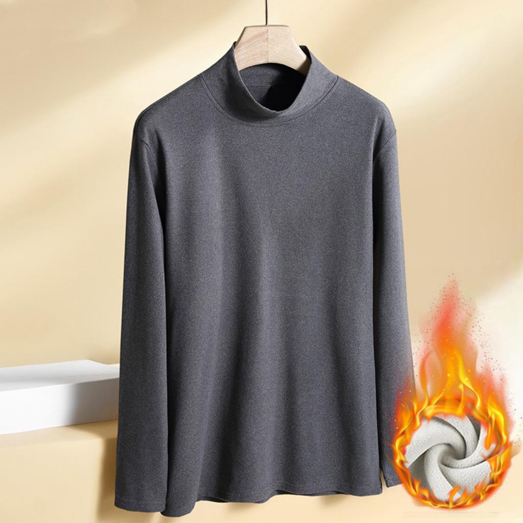 Men's Solid-color Casual High-neck Fitted Long-sleeved T-shirt, Men's Suede Warm Base Layer Top