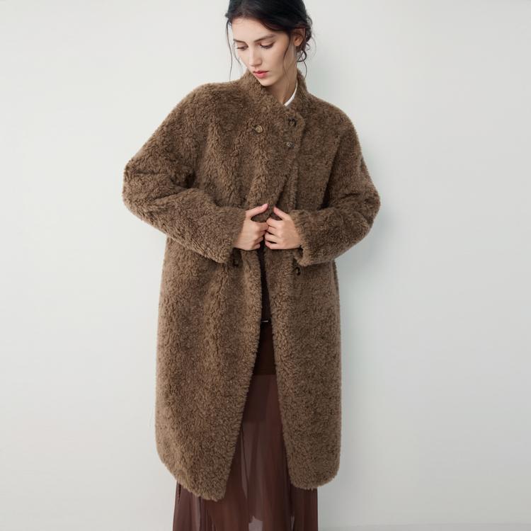 ELLE French Style Vintage Fashion Design Double Breasted Long Casual Loose Versatile Stand Collar Lamb Wool Plush Long Sleeve Coat Women coats EF52677