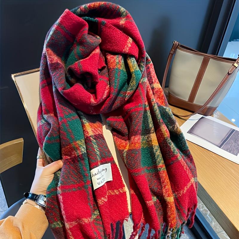 Women’s Red Plaid Tassel Scarf – Thick, Double-Sided Winter Shawl and Neck Warmer for Christmas