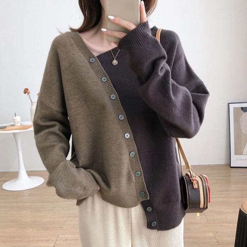 

Autumn and Winter New Korean Style Irregular Knitted Casual Soft Waxy Color-blocked Slanted Sweater Pullover Sweater for Women Onesize коричневий