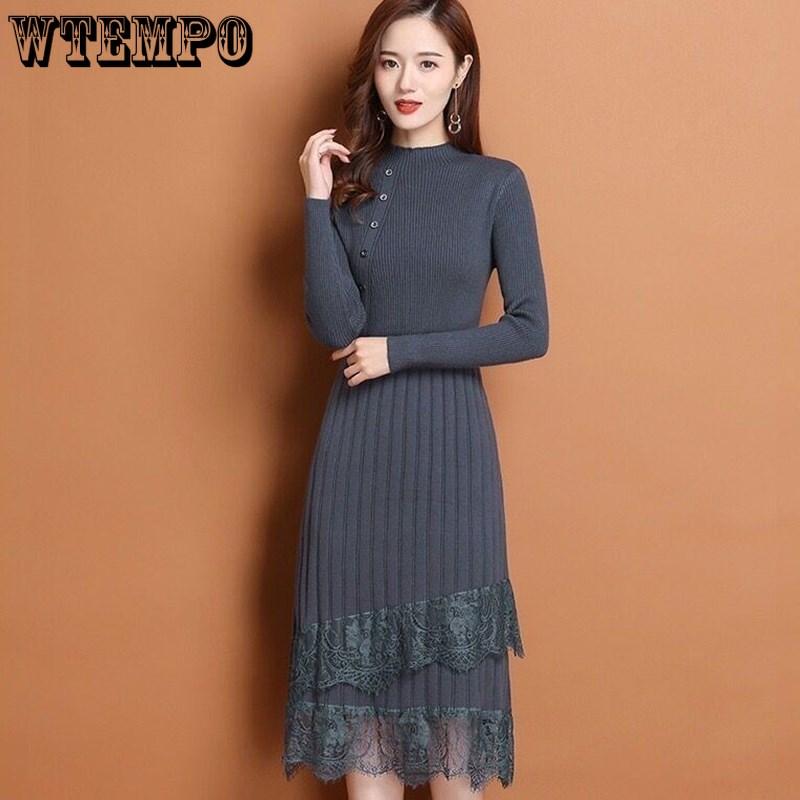 Knitted Dress for Women In Autumn and Winter Lace Long Sweater Slimming Solid Color Sweater Dress