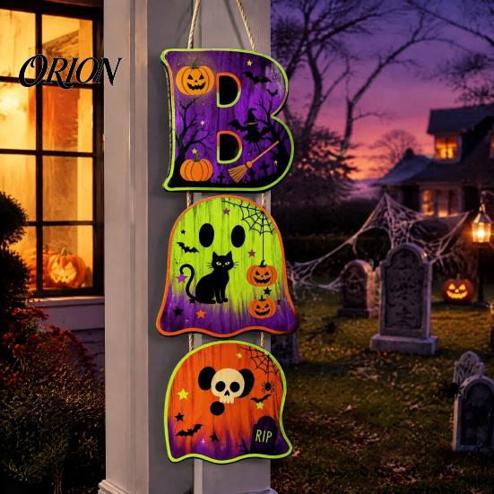 Vintage Wood Grain Wall Art Halloween Wooden BOO Hanging Sign, Creative Letter Pendants, Ghost Pumpkin Black Cat Festive Atmosphere Decoration