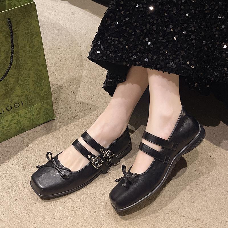 Fashion Women's Flat Shoes Spring New Square Head Shallow Mouth Butterfly Knot Rivet Soft Sole Non-slip Single Shoes