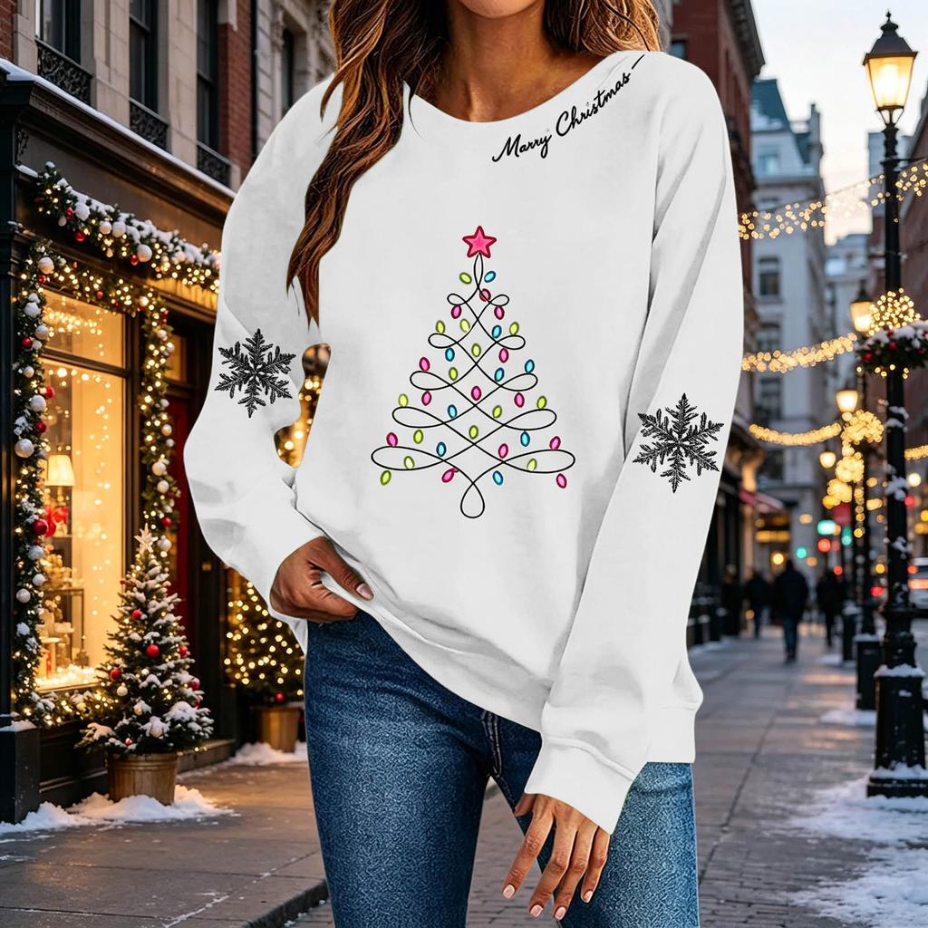 Women's Stylish Casual Christmas Print Pullover Sweatshirt for Holiday Party and Everyday Wear