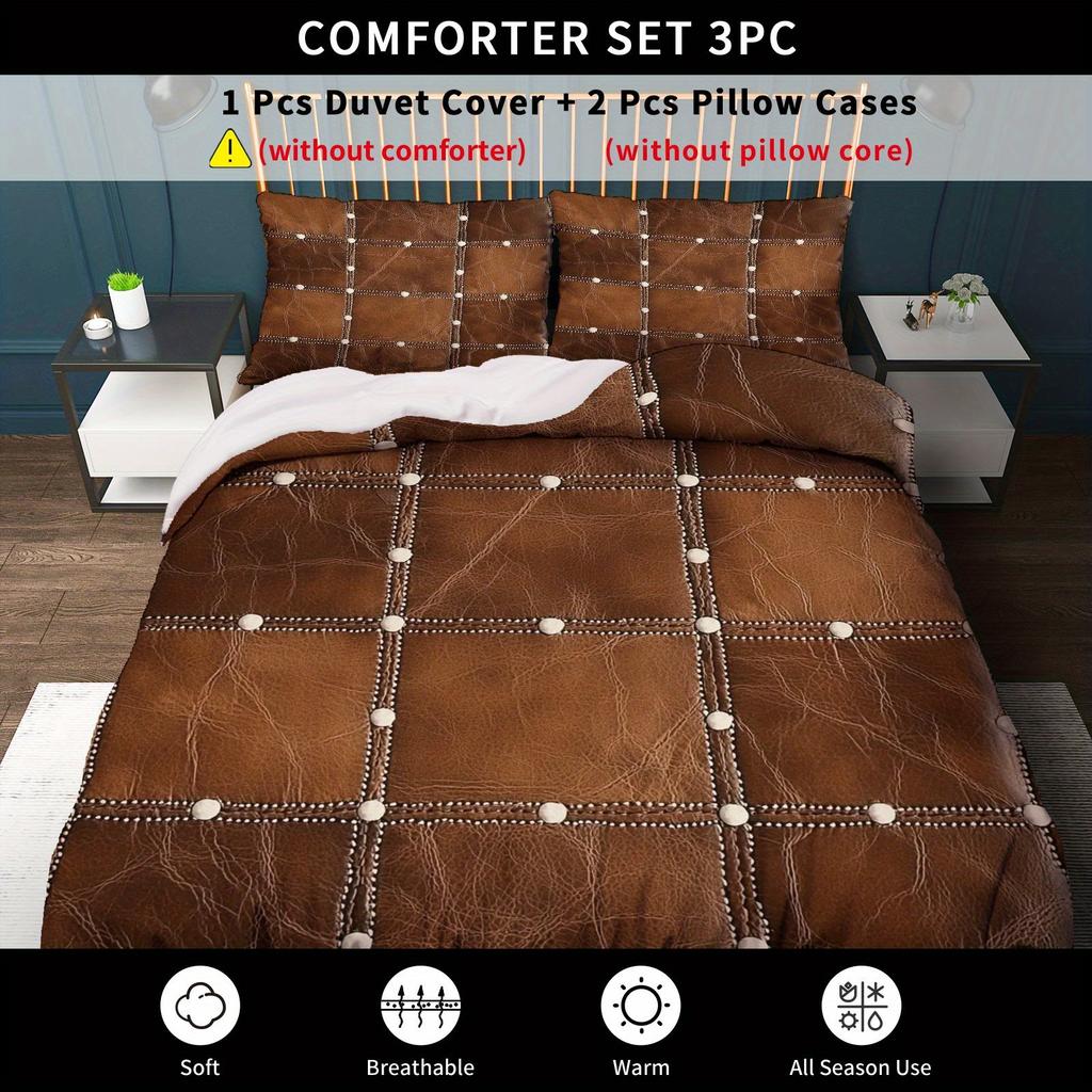 3Pcs Vintage Leather Studded Duvet Cover Set,Brown Textured Rustic Chic Bedding With Pillowcases,Luxury Thanksgiving Decor
