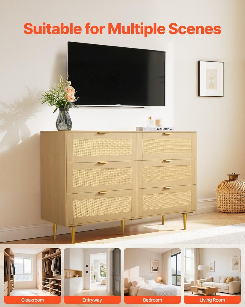 6 Drawer Rattan Dresser, Double Dresser for Bedroom, Natural Rattan Chest of Drawers with Metal Handles & Legs, Modern Wood Chest Clothing Organizer &
