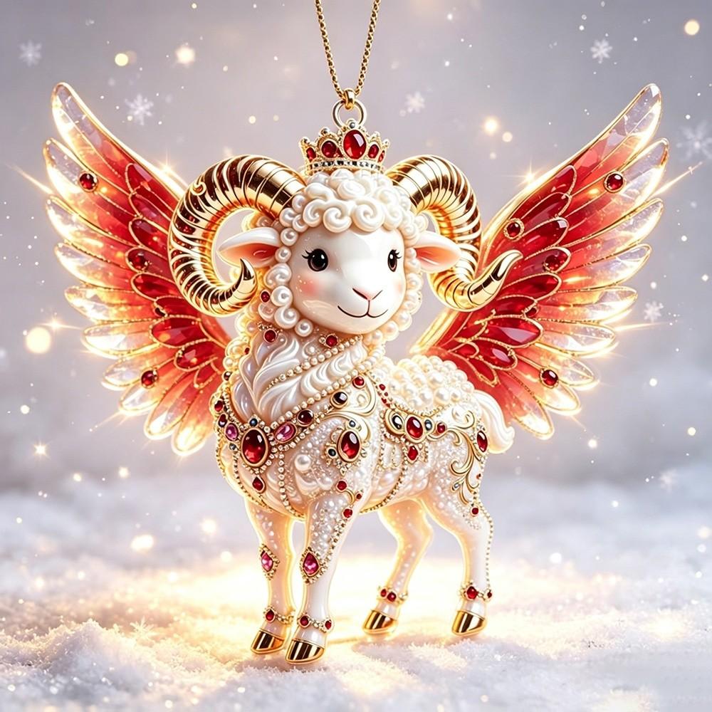 New 2D Flat Goat Hanging Ornament Set Acrylic Artificial Rhinestone Goat Pendant Simulation Shining Keychain Holiday Party Decor