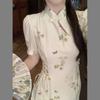Chinese Gentle Style Retro Sweet Button Up Dress for Women's Summer Oversized Cheongsam with Waistband Tie Up Long Skirt