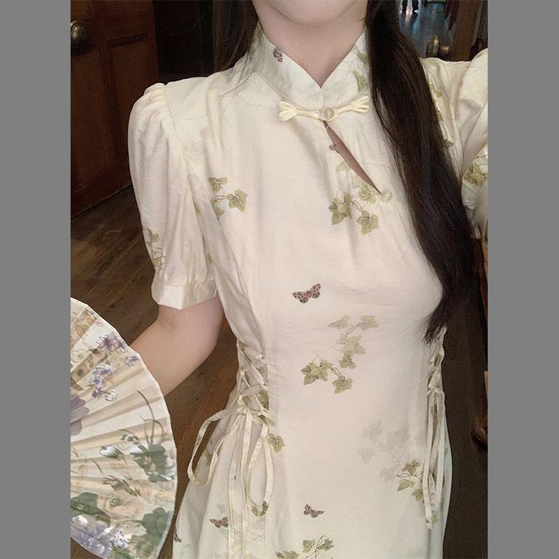 Chinese Gentle Style Retro Sweet Button Up Dress for Women's Summer Oversized Cheongsam with Waistband Tie Up Long Skirt
