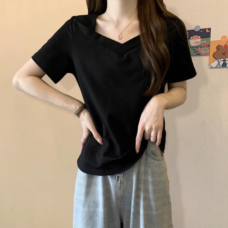 

Футболка с V-образным вырезом и короткими рукавами для женщин, летний новый стиль, свободный и облегающий, однотонный, для студенток, горячая девушка, топ с открытыми ключицами, дизайн Sense 2XL чёрный