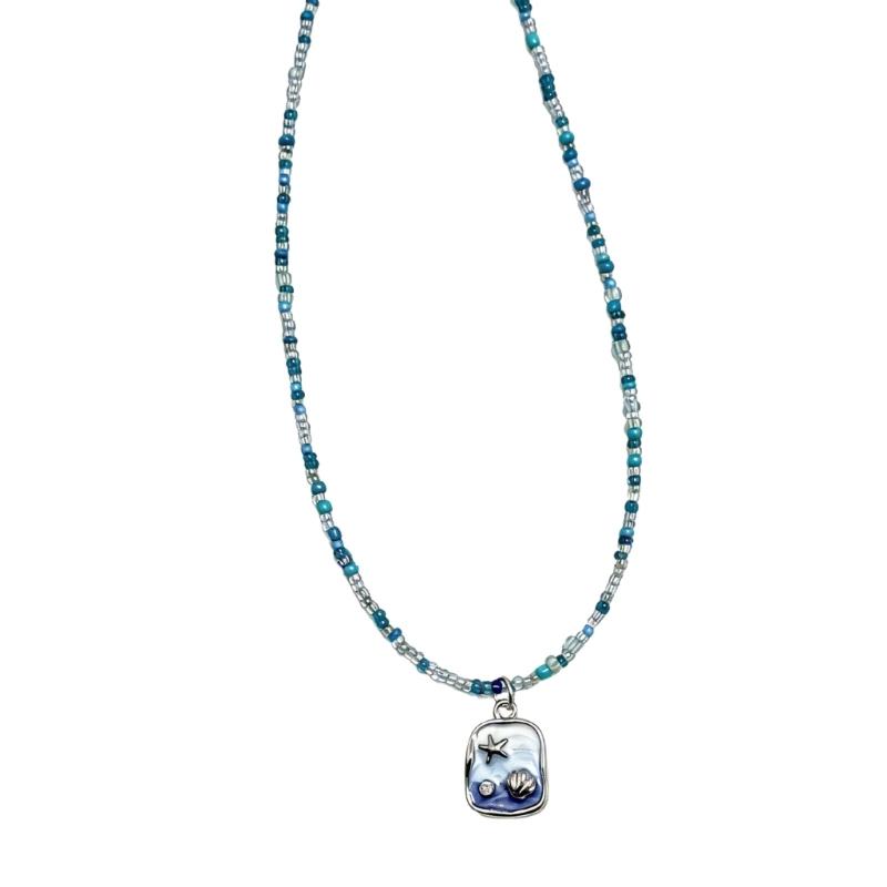 Unique Beach Style Beaded Necklace Blue Shell Pendant Detail Clavicle Chain Adjustable Length Neckchain