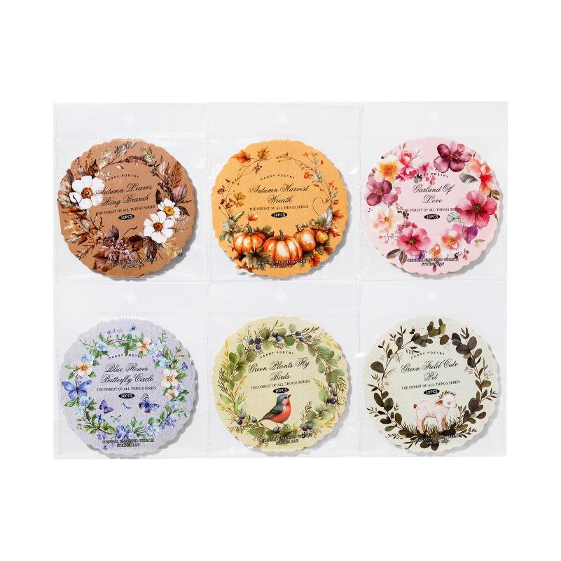 Sugar Poem Letterpress Embossed Stickers: Retro Wreath Forest Series (White Kraft Paper)