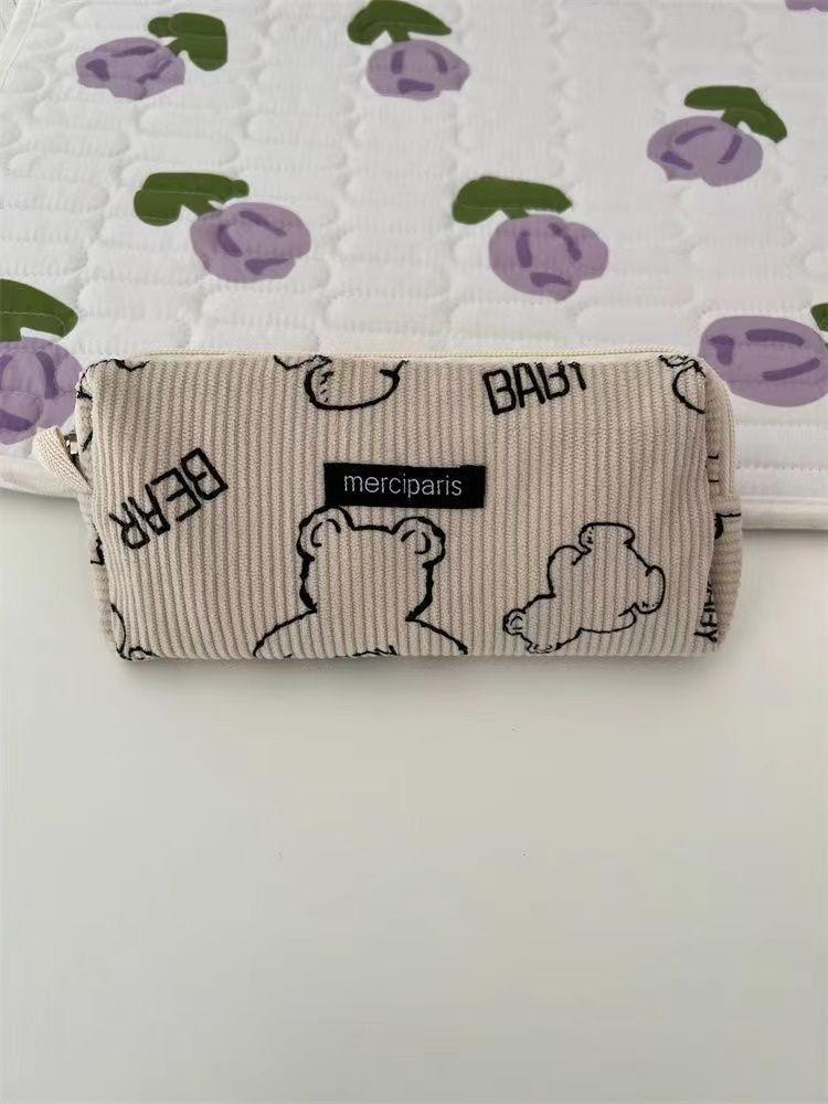 Soft Cotton Bear Print Velvet Canvas Pencil Case Korean Style Large Capacity Stationery Box Pencil Bag Brown